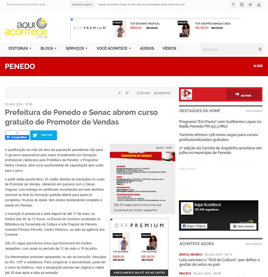 (AQUI ACONTECE) Prefeitura de Penedo e Senac abrem curso gratuito de Promotor de Vendas