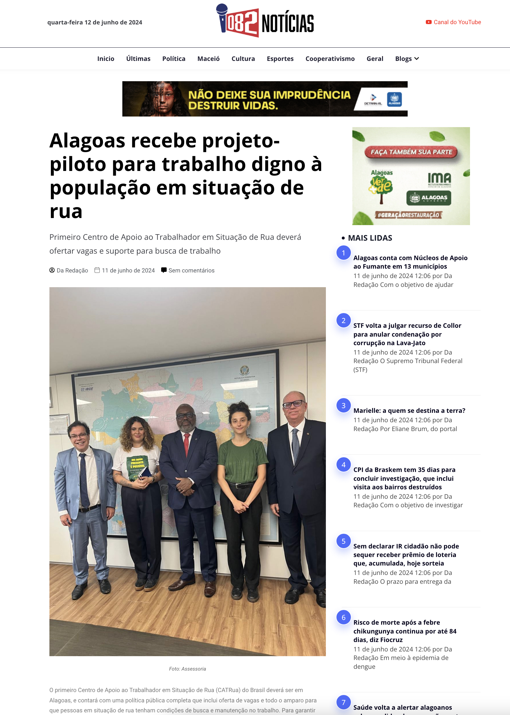 Alagoas recebe projeto-piloto para trabalho digno à população em situação de rua
