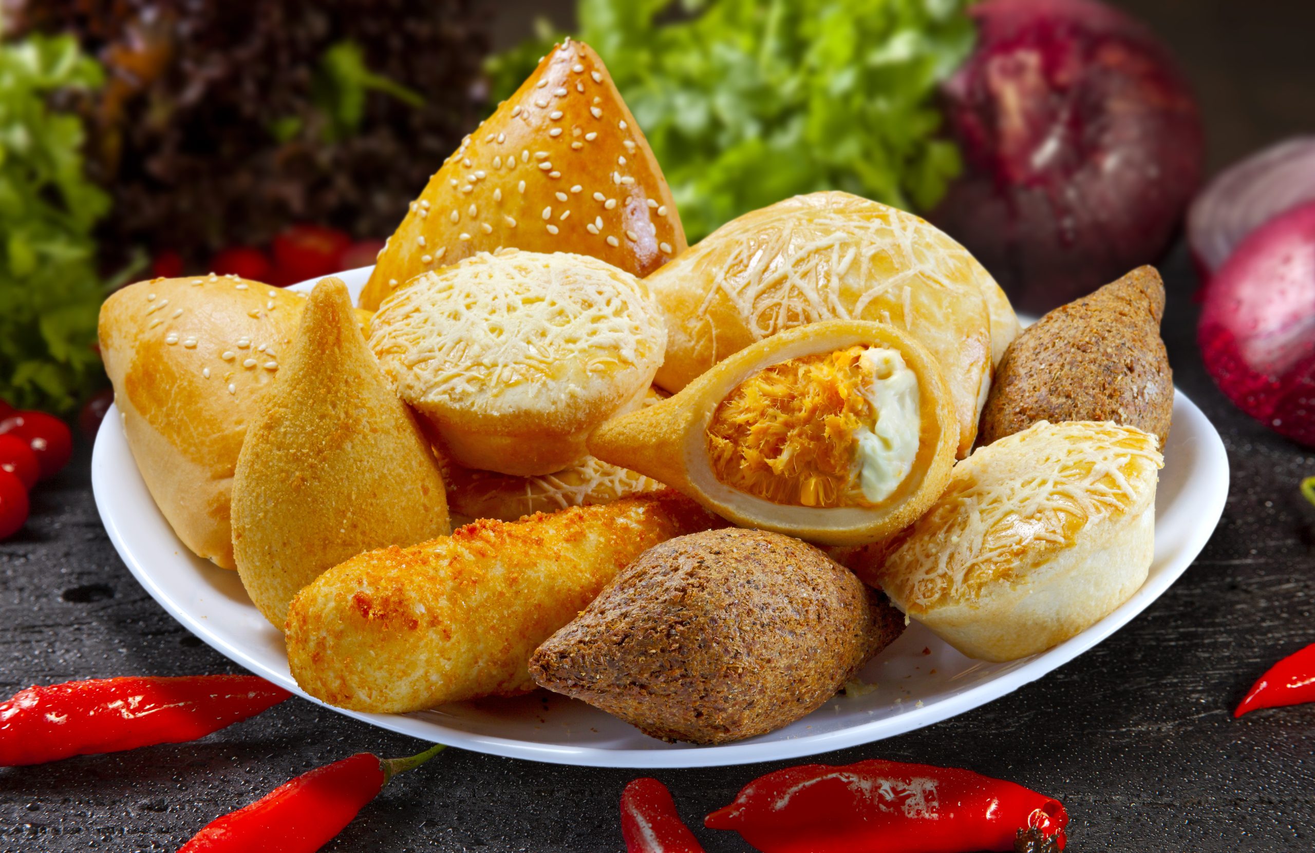 Brazilian snacks, esfirra, kebab, patty, coxinha, sausage wrappe