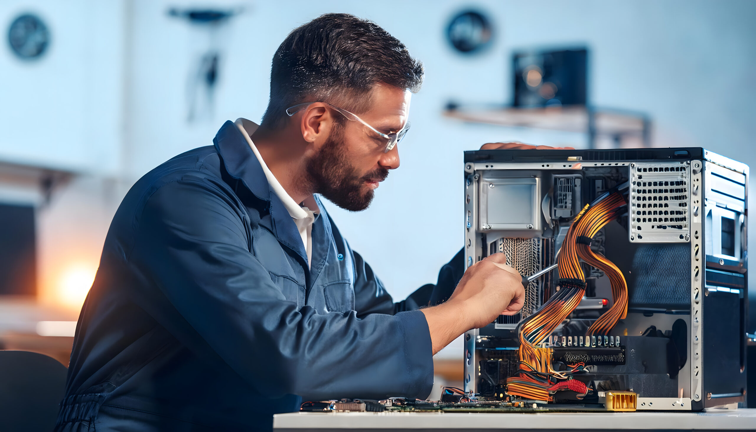 A technical service man is working on a computer tower with a white glove in a workshop