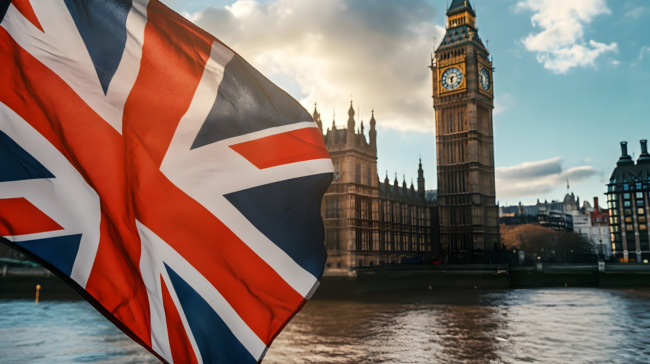 British Flag Fluttering in Front of Iconic Big Ben and Westminst